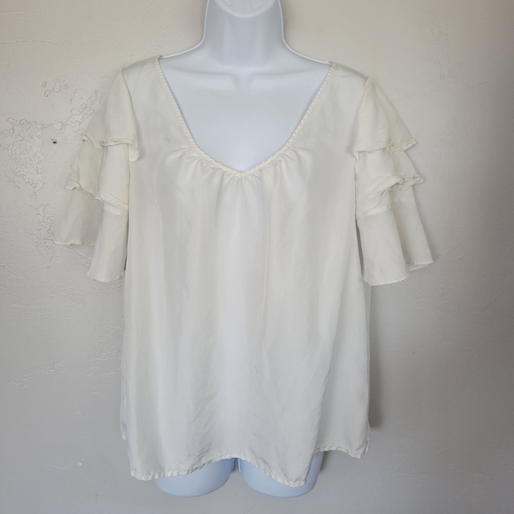 Club Monaco Women's Medium White Blouse Half Sleeve Ruffle 100% Silk Top